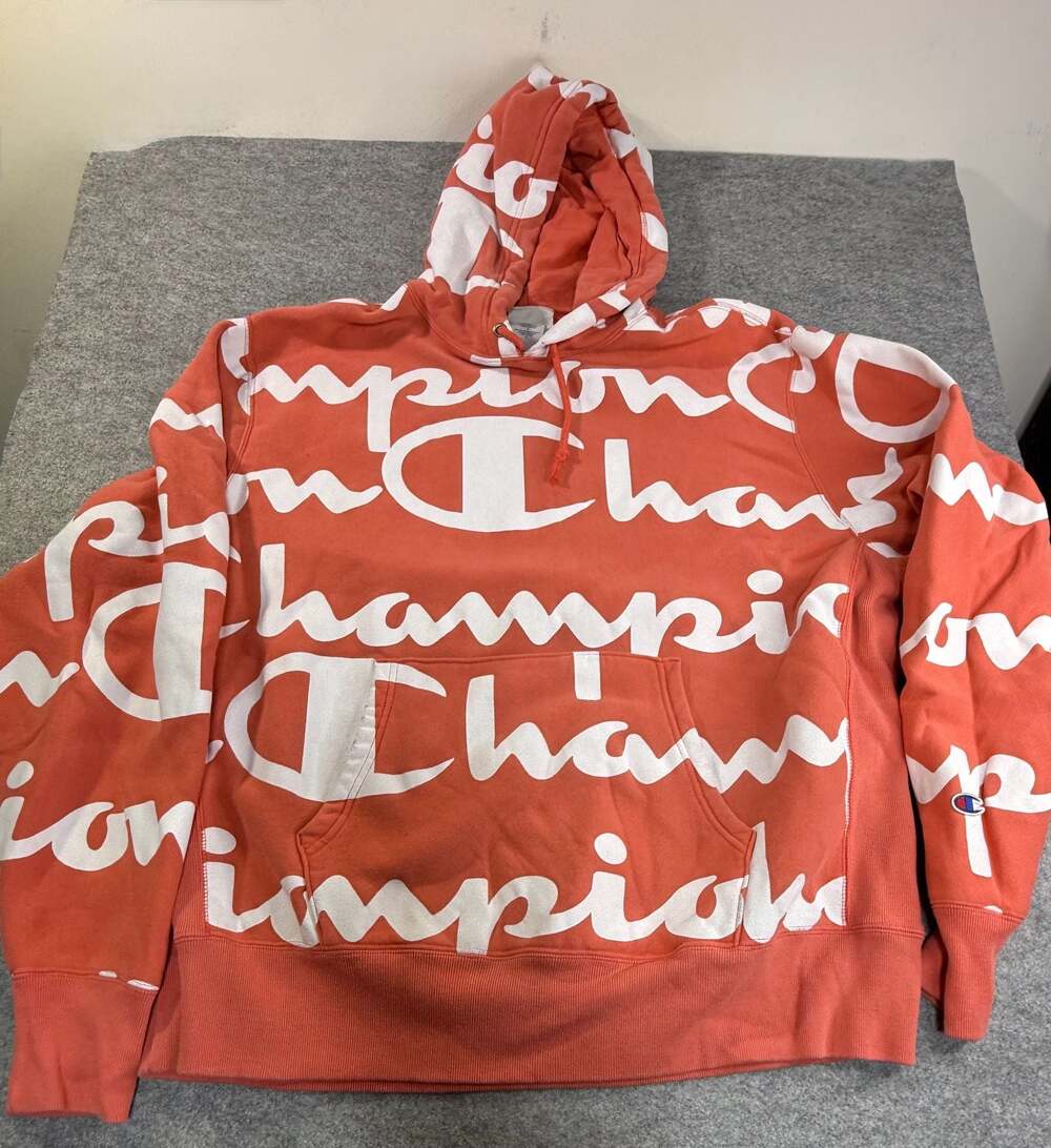 Champion Reverse Weave All Over Print Script Logo Hoodie - Coral/Salmon Pink